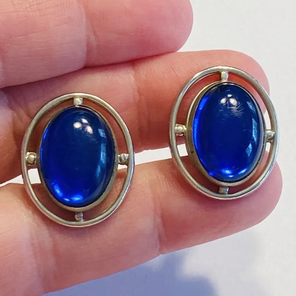 Vintage Anson Cufflinks Silvertone & Blue Jelly Belly Polished Stone Centers